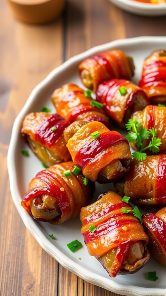 Air Fryer Bacon Wrapped Dates Recipe A plate of crispy bacon wrapped dates garnished with herbs on a rustic wooden table.